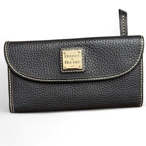 Dooney & Bourke Black Pebbled Leather Continental Wallet with Gold Plaque Accent